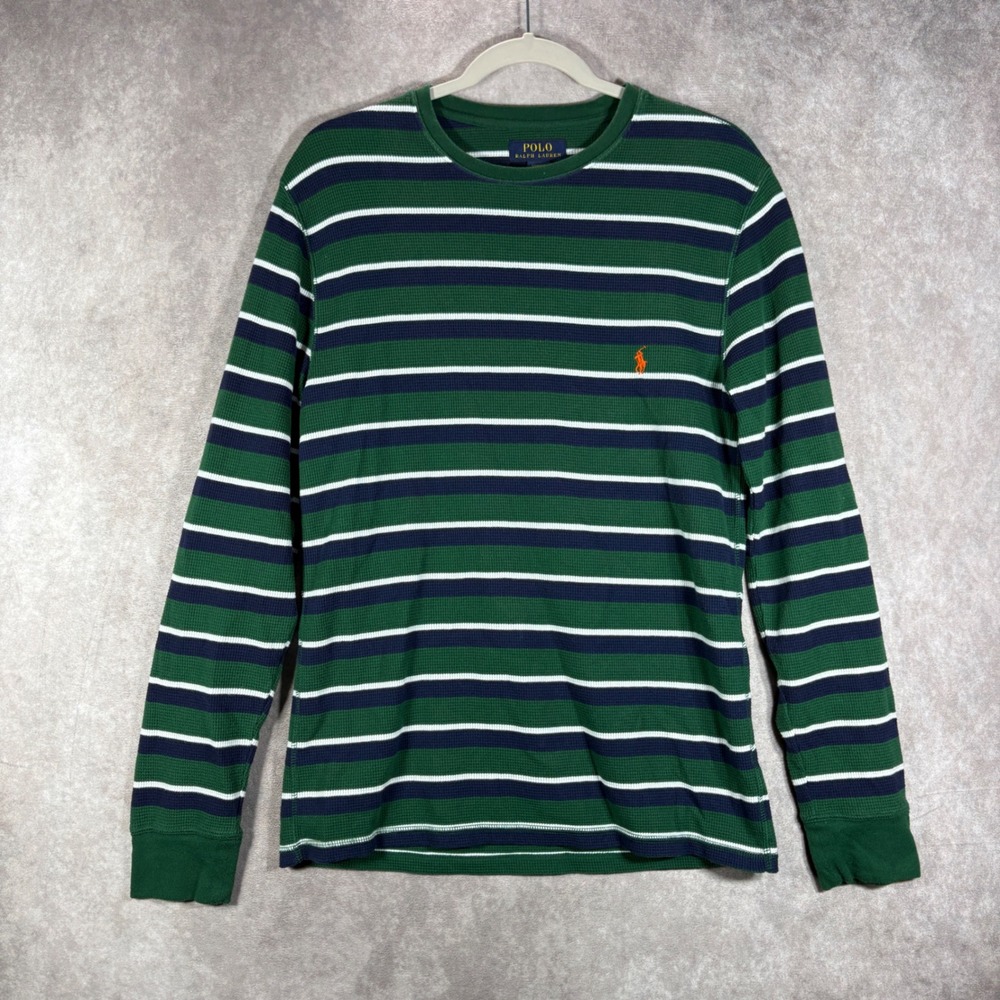 Polo Ralph Lauren Sleepwear Thermal Shirt Men M Green Striped Waffle Long Sleeve